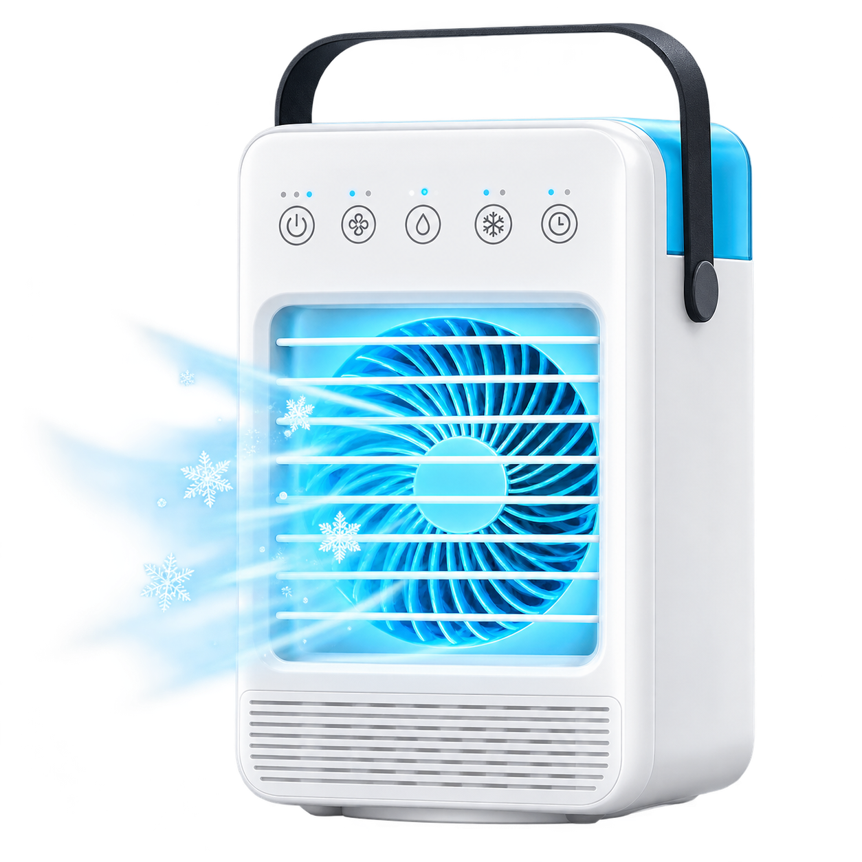 Illustrative Produktdarstellung eines kompakten TundraFreeze Luftkühlers mit Luftstrom