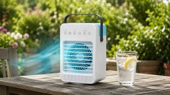 Neu bereitgestelltes Motiv: kompakter Luftkühler auf einem Tisch im Freien